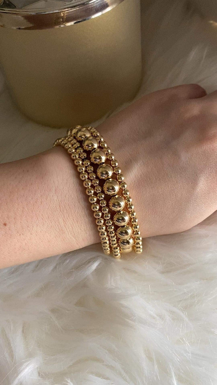 Gold Beaded Bracelet Set for Women Stack 14 K real Gold Plated Ball Bracelets Elastic String Bracelet 4 mm 5 mm 6mm Small Beads Friendship Bracelet for Men (gold)