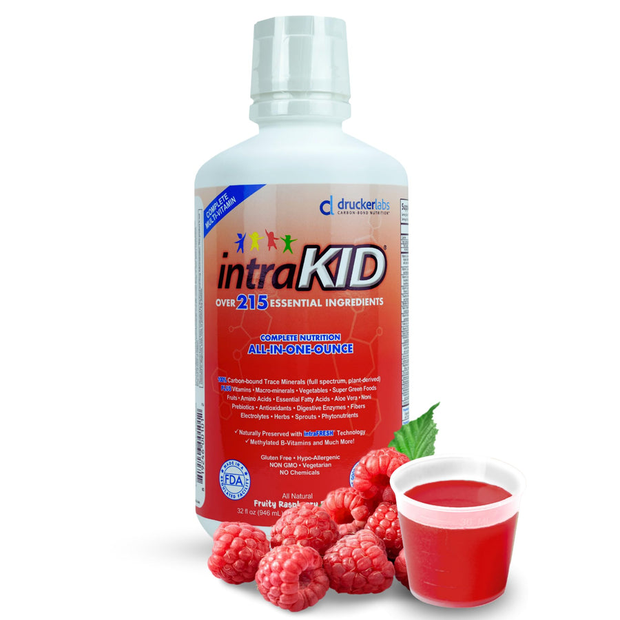 DRUCKER Labs 2.0 Organic Liquid Trace Minerals, Liquid Multivitamin for Kids, Immune Support, Non GMO, Dairy Free, Gluten Free, Magnesium, Vitamin D, C, E, Zinc, (32 oz., Fruity Raspberry)