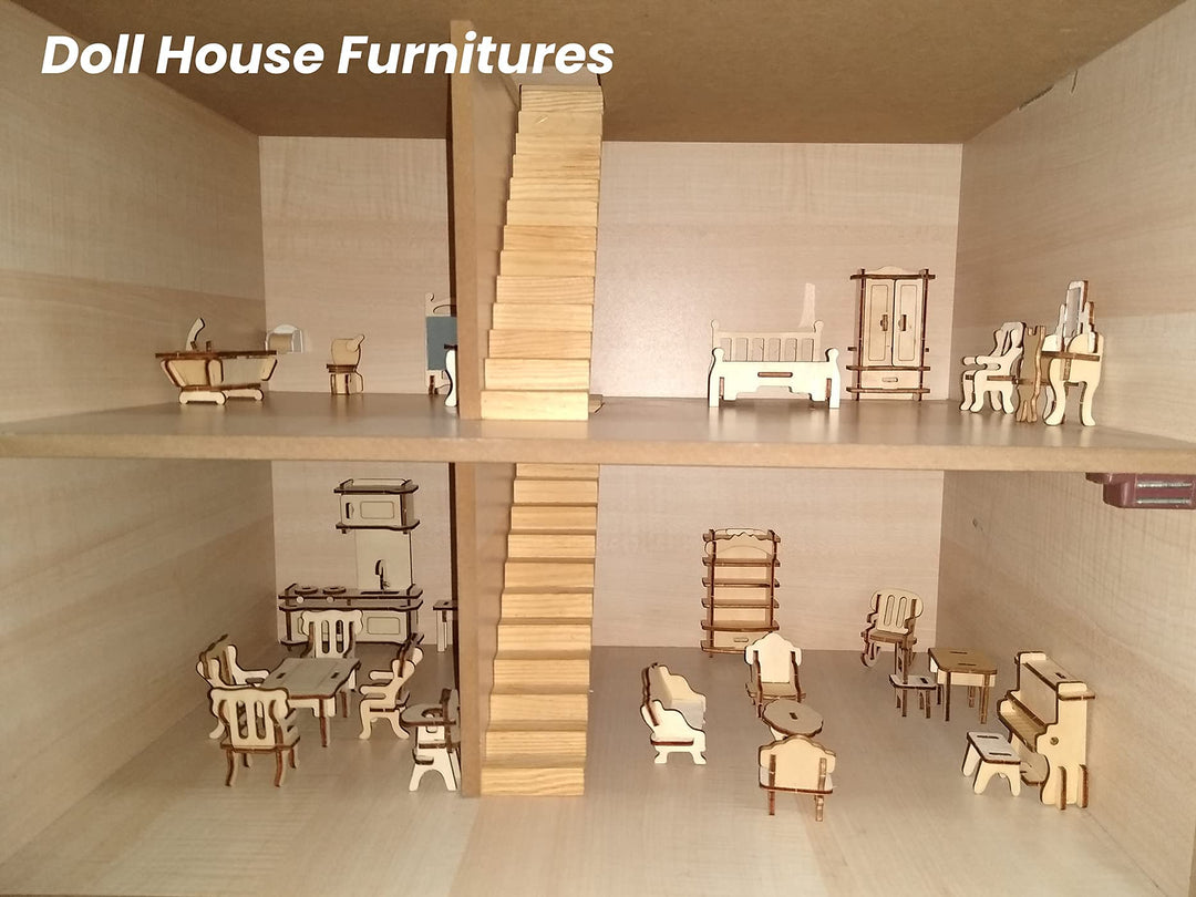 34-Piece Dollhouse Furniture Set - Laser Cut Wooden 3D Puzzles - Miniature Doll House DIY Models and Accessories