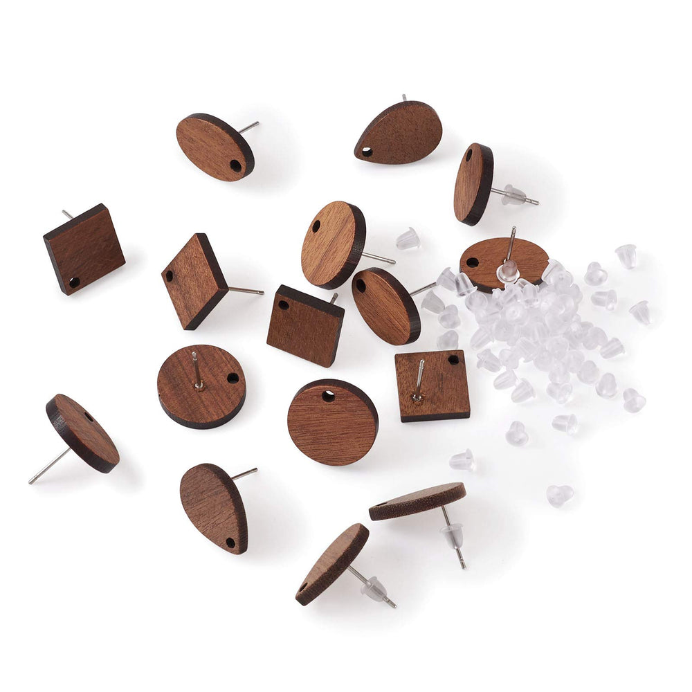 16Pcs Wood Stud Earring Posts with Loop Teardrop Rhombus Oval Flat Round Wood Stud Earring with Ear Nuts for DIY Wooden Earrings Making (CoconutBrown)