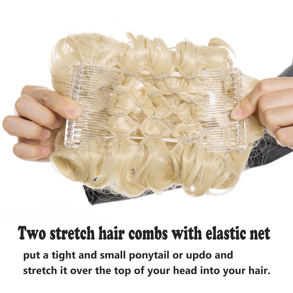 Messy Bun Hair Piece with Combs Clip in Bun Scrunchie Juva Bun Dish Fluffy Wavy Hair Updo Easy Stretch Big Chignon Short Ponytail Hairpiece for Women Bleach Blonde 90g