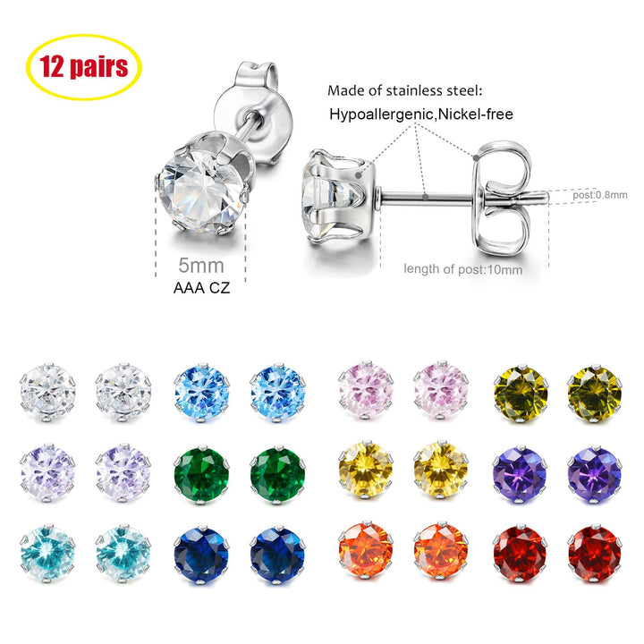 12 Pairs Stainless Steel Brilliant Cut Round Cubic Zirconia Birthstone Stud Earrings for Women 5mm
