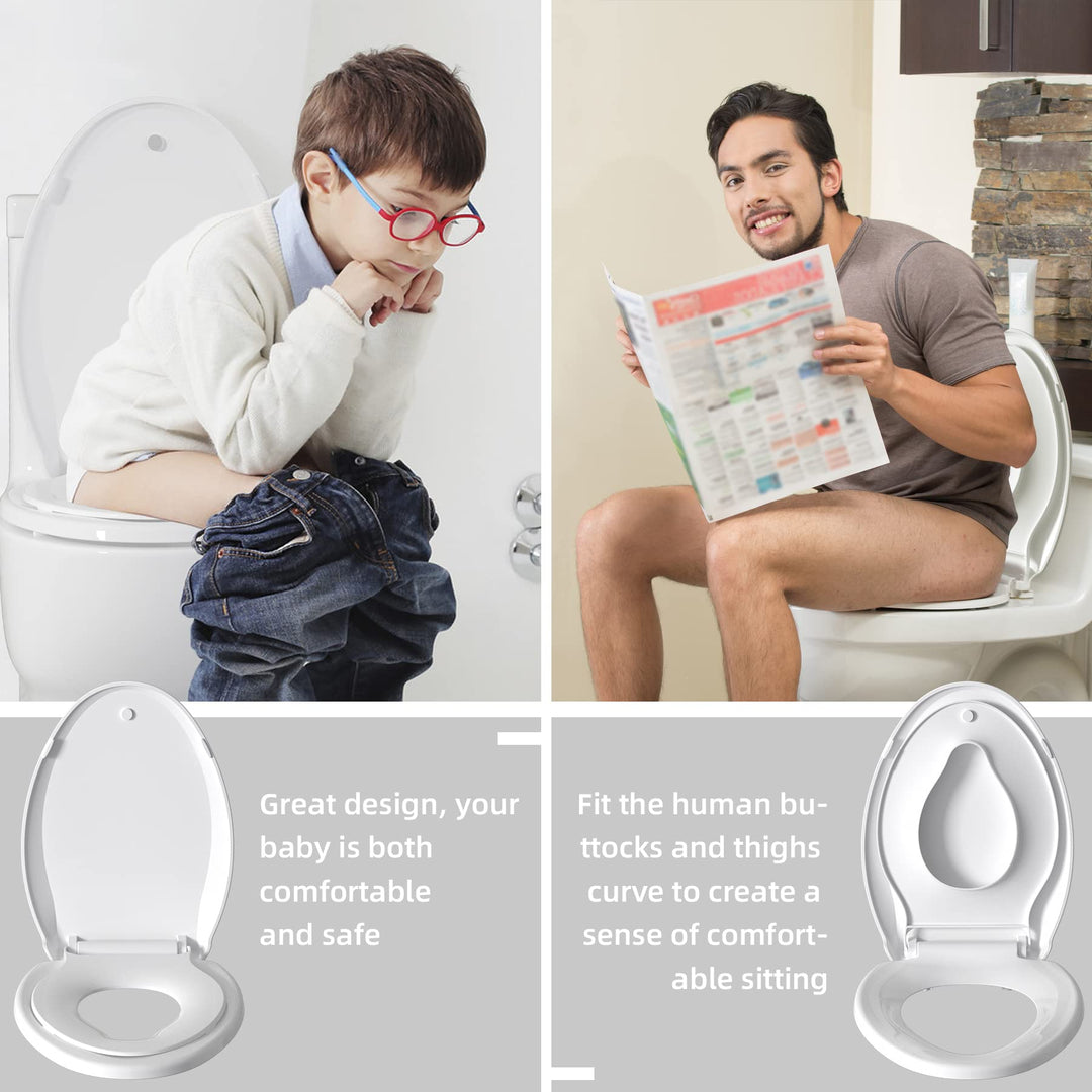 Potty Training Toilet Seat, Built-in Magnetic Seat, Lid with Cover, Never Loosen and Slow Close Convertible Toilet Seat for Kids, Adult and Child (White, Elongated)