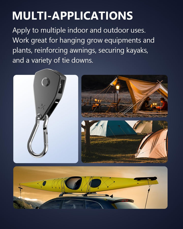 Retractable Heavy Duty Ratchet Tie Down Straps [2 Pack, 8ft, 75lbs/Pack], Rope Pulley System with Carabiner Hook for Hanging Plants/Grow Light/Tents Various Tie-Down Uses