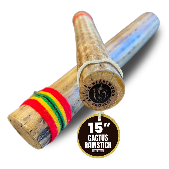 15 Cactus Rainstick from Chile - Authentic Handcrafted Rain Stick Musical Instrument with Rasta Yarn Wrap and Durable Sealant