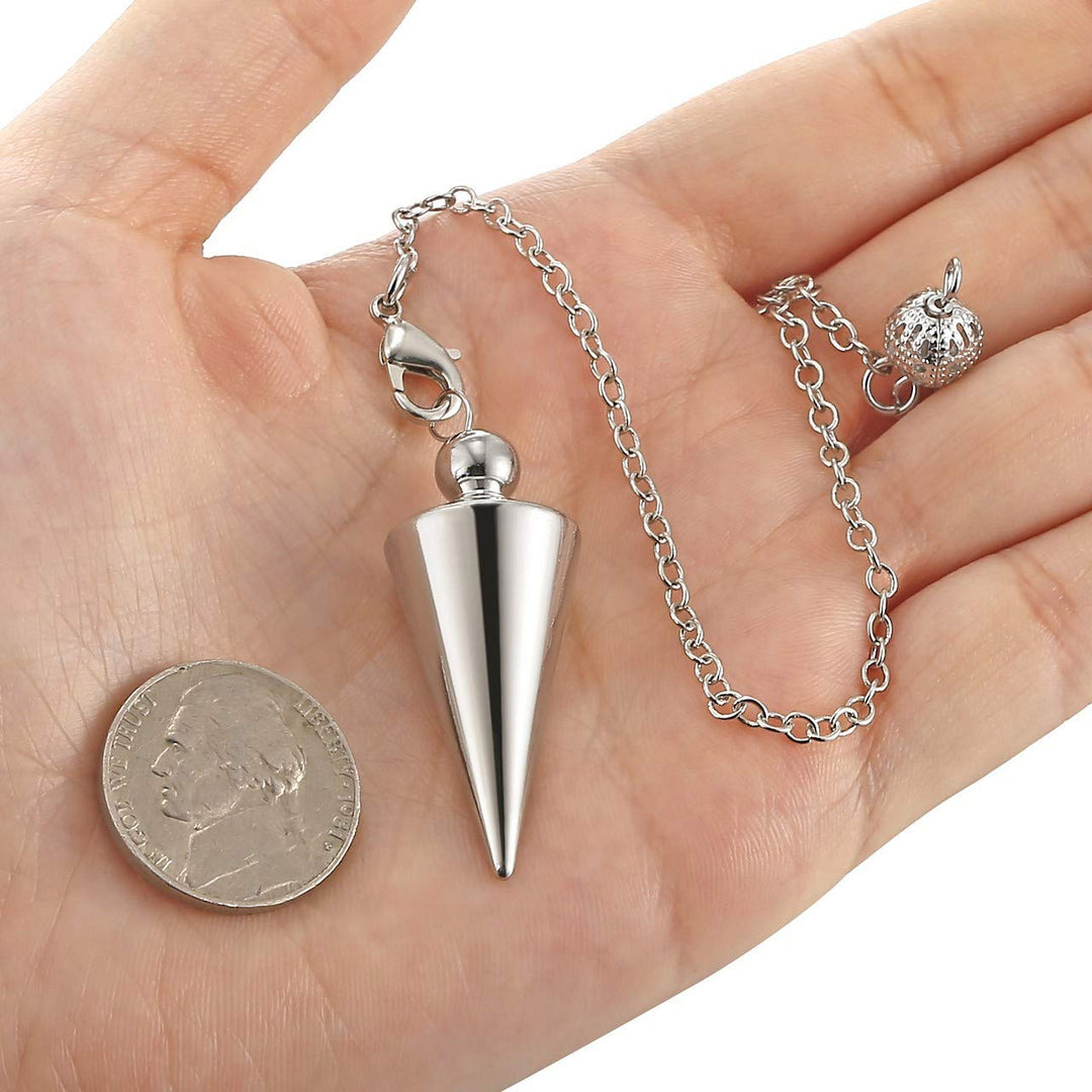 PESOENTH Copper Metal Dowsing Pendulum Divination Dower Reiki Healing Pendulum Chain,Silver Spiral Coil Point Meditation Yoga Balancing Pendant (Silver (Solid Cone))