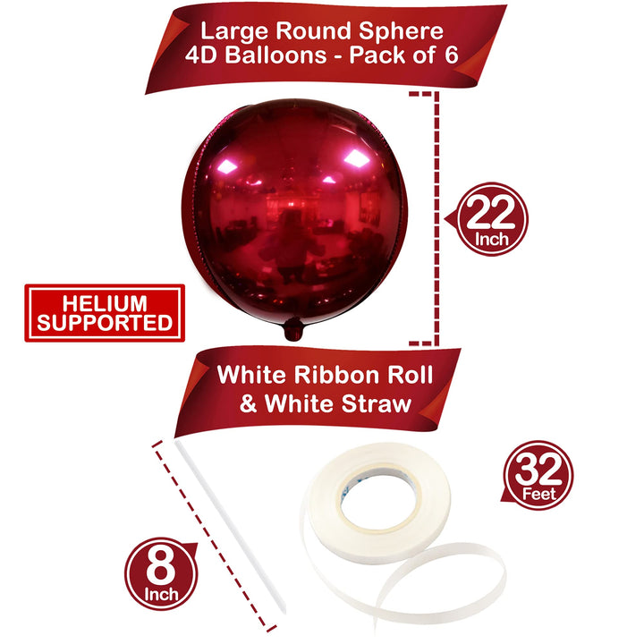 Big 22 Inch Dark Red Balloons - Pack of 6, Red Metallic Balloons | 360 Degree 4D Red Chrome Balloons | Mirror Finish Metallic Red Balloons, Valentines Day