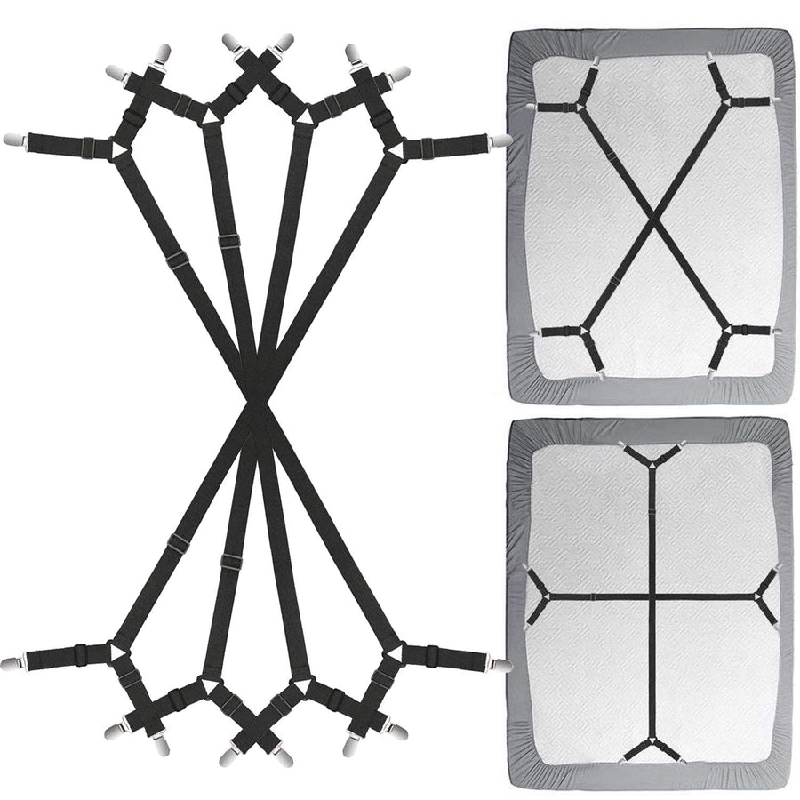 Bed Sheet Clip Straps - 2 Way Adjustable Crisscross Sheet Corner Holder Straps Gripper Elastic Sheet Band Mattress Straps Fasten Suspenders(2 Set/4Pcs, Black)
