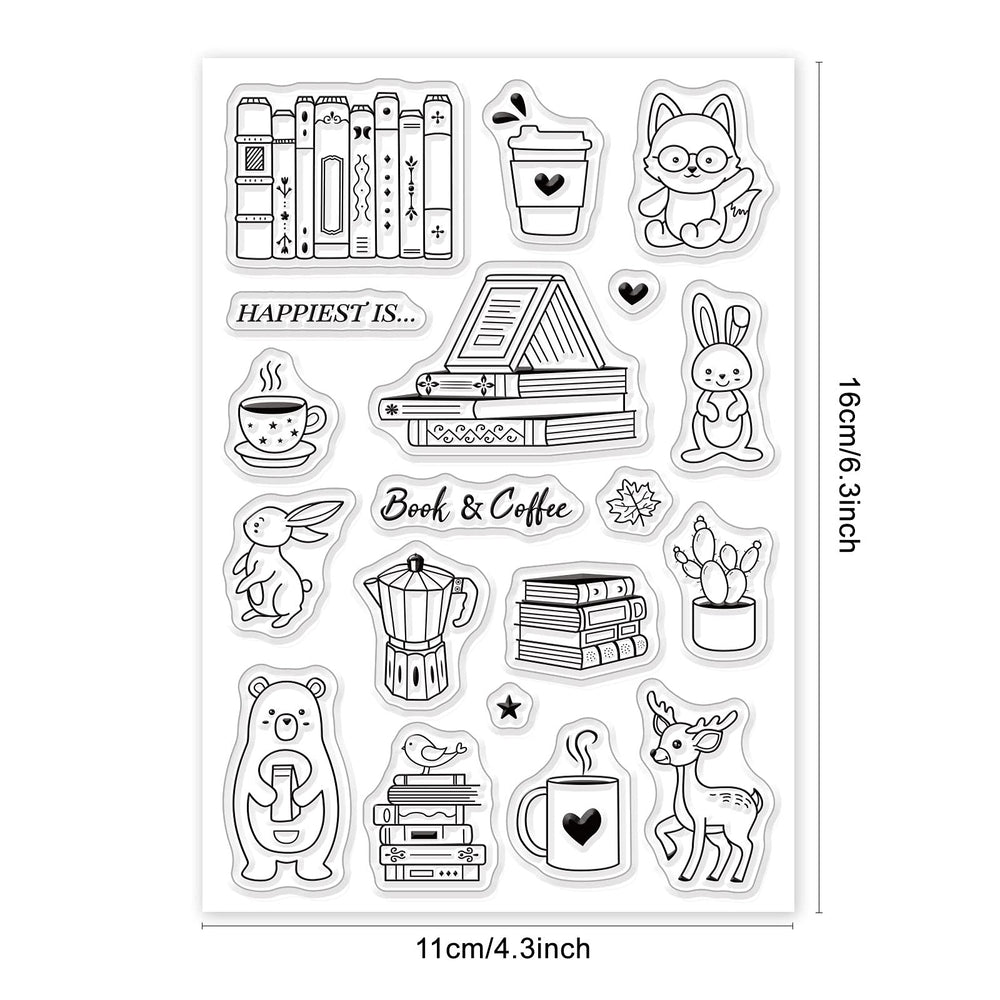 Animals and Books Silicone Clear Stamps with Coffee Cups Shape for Card Making DIY Scrapbooking Photo Album Decoration Paper Craft,6.3x4.3 Inches