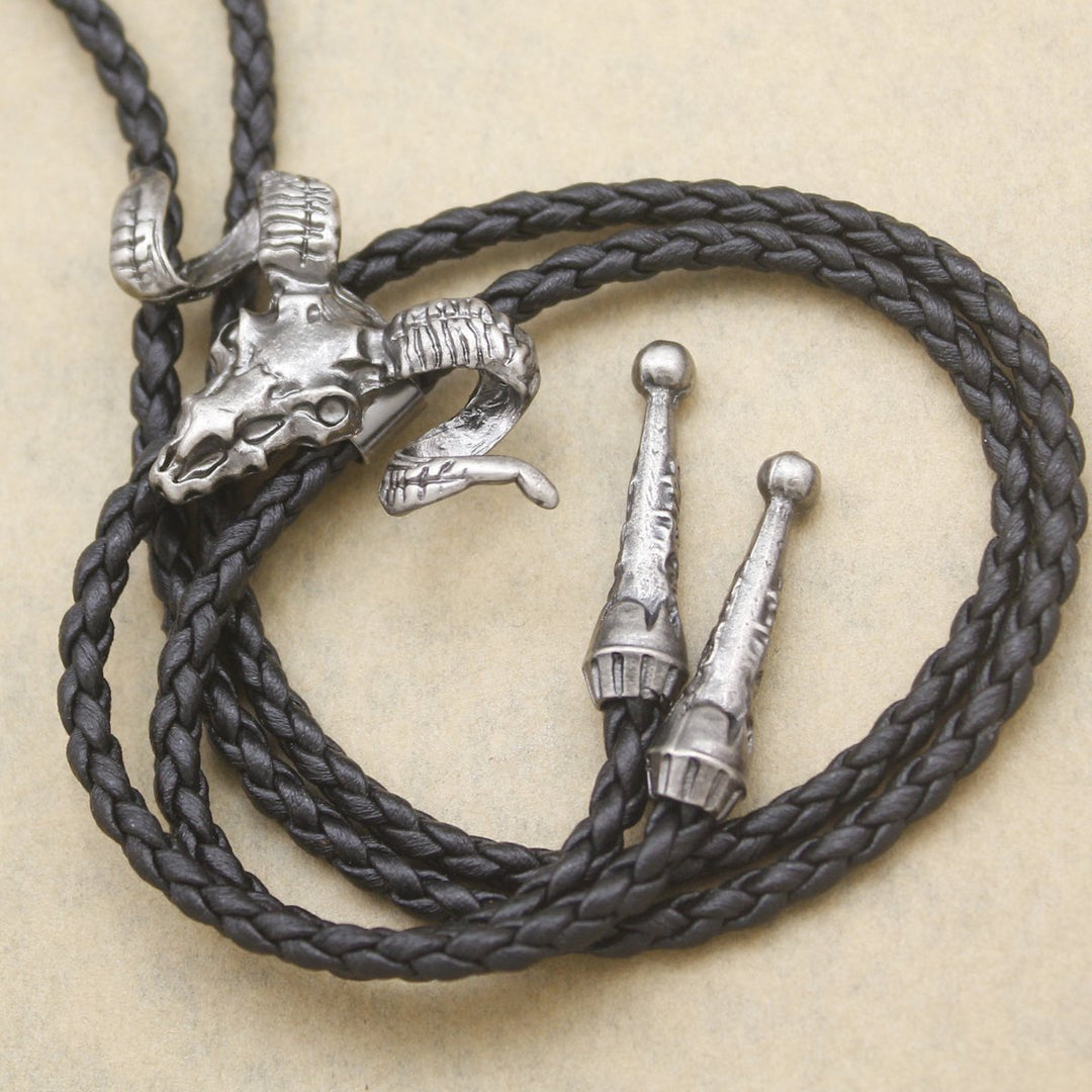 Vintage Silver Western Big Horn Sheep RAM Goat Skull Leather Rodeo Bolo Bola Tie Necktie