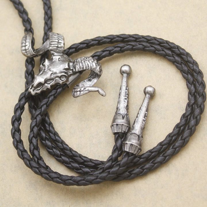 Vintage Silver Western Big Horn Sheep RAM Goat Skull Leather Rodeo Bolo Bola Tie Necktie
