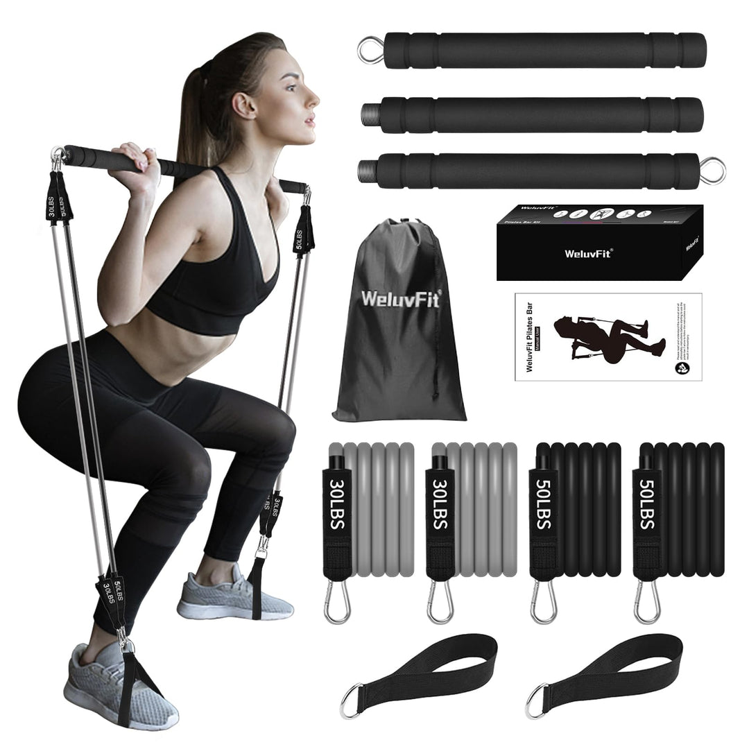 Plates Bar Kit with Resistance Band-Multifunctional Portable Weighted Exercise Pilates Bar, Home Gym with Beginner Workout Equipment, Yoga Set for Full Body