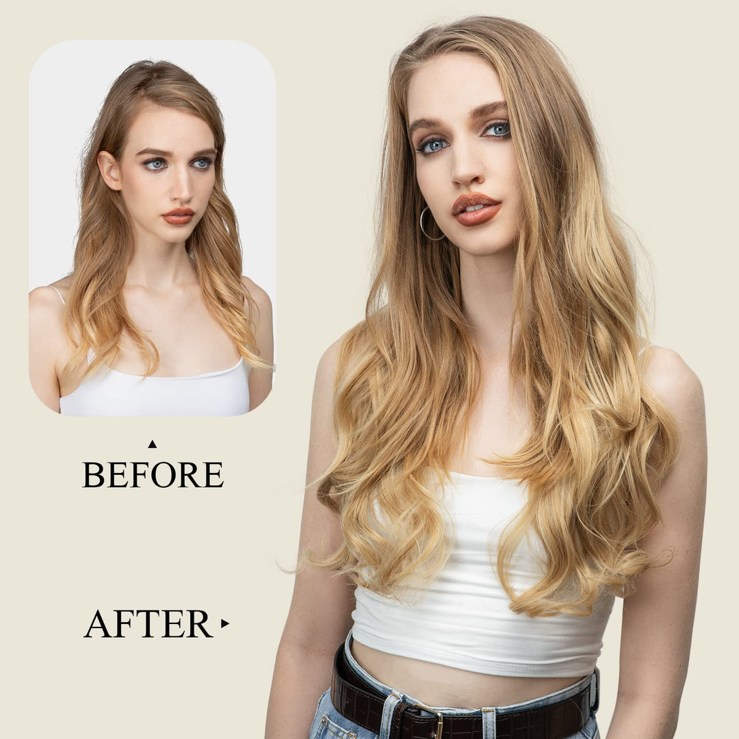 U Part Hair Extensions Dirty Blonde Full Head Clip in Synthetic Wave Curly Hairpiece Long 24 Inch for Women