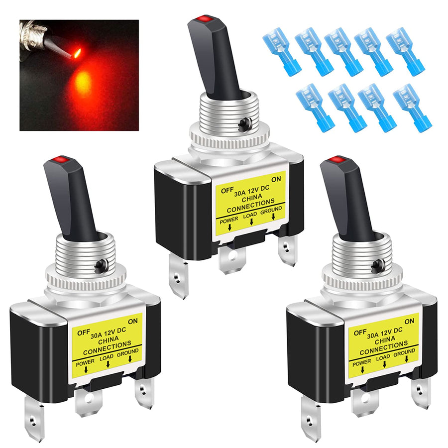 /3Pcs Rocker Lighted Toggle Switch 30A 12V DC SPST ON/Off 3Pin Car Automotive Boat with Red LED Illuminated Light