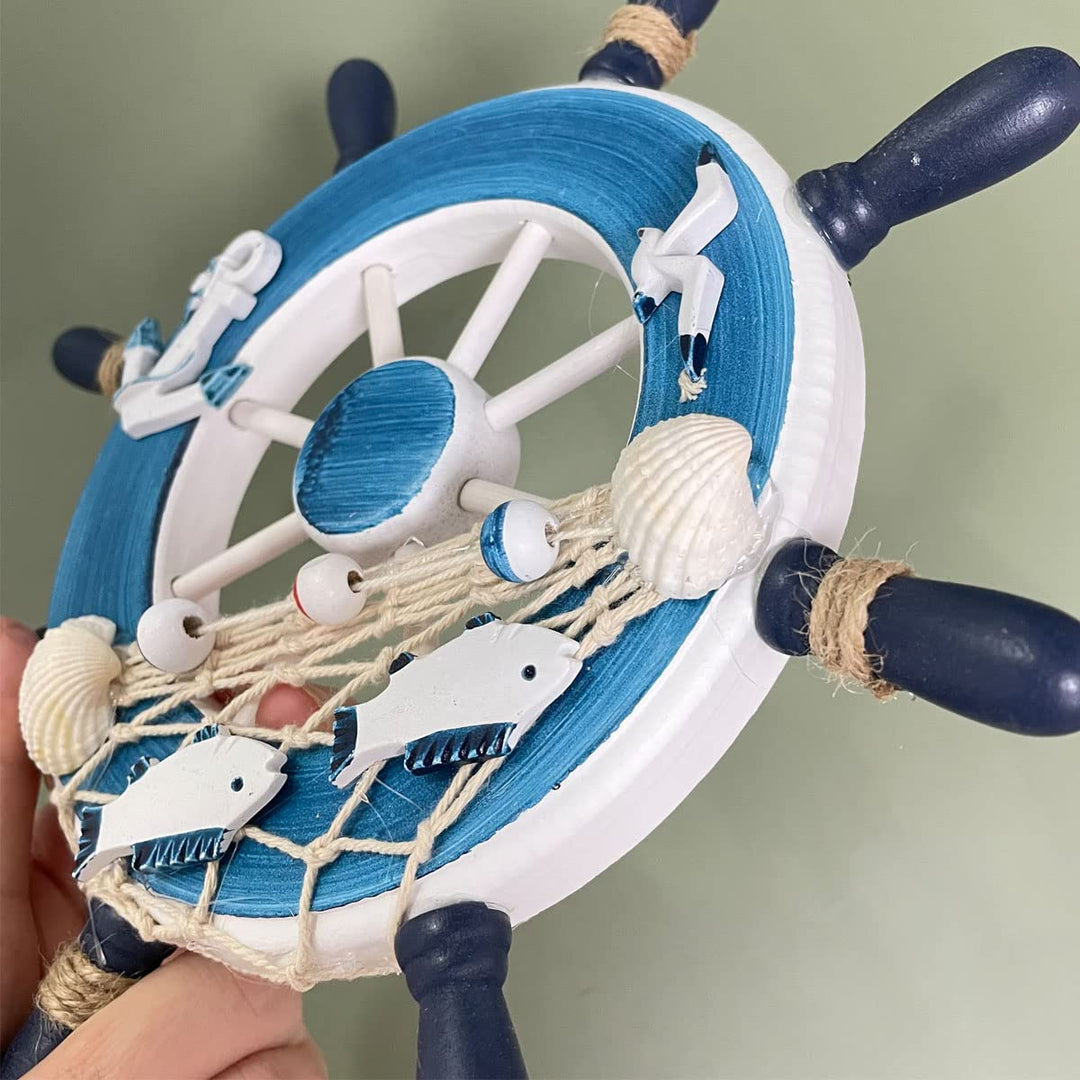 Wooden Ship Wheel Rudder Wall Decor, Nautical Beach Ocean Decor Wooden Boat Ship Steering Wheel Home Wall Hanging Decoration 9 inch (Blue3)
