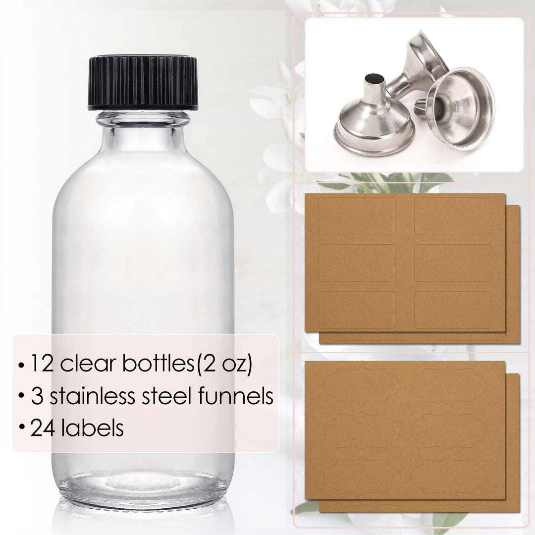 12 Pack, 2 oz Small Clear Glass Bottles w/ Lid & 3 Stainless Steel Funnels - 60ml Boston Sample Bottles - Mini Travel Essential or Decorative Bottles for Potion, Juice, Wellness, Ginger Shots, Whiskey