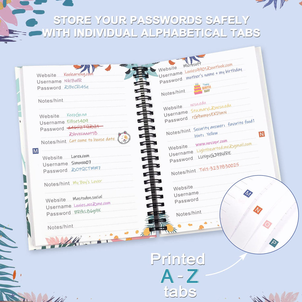 JUBTIC Password Book with Printed Tabs Spiral Bound, Al