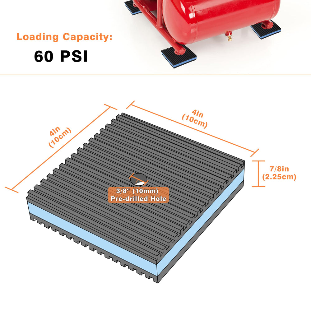 Rubber Anti-Vibration Pad, 4 x 4 x 7/8 Heavy Duty Ribbed Rubber with Blue EVA Center Isolation Pads for HVAC, Air Compressor, Treadmill, Washer and Dryer, Air Conditioner Units, Pack of 4