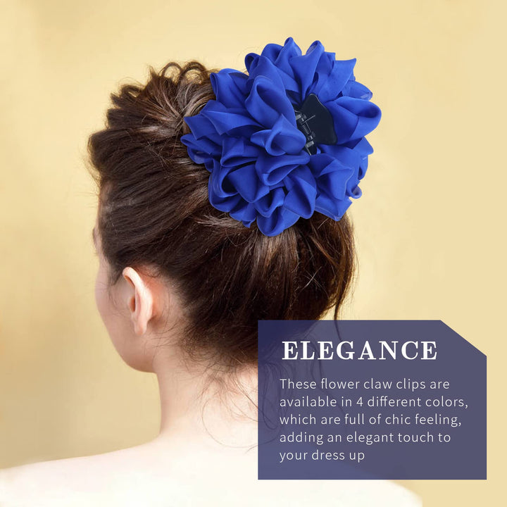 4 Pack Blue Black Burgundy Red Green Butterfly Octopus Korean Ribbon Silk Chiffon Large Rose Flower Bows Plastic Hair Claw Clips Jaw Barrettes Grips Clamps Decorative Bun Chignon Accessories for Women