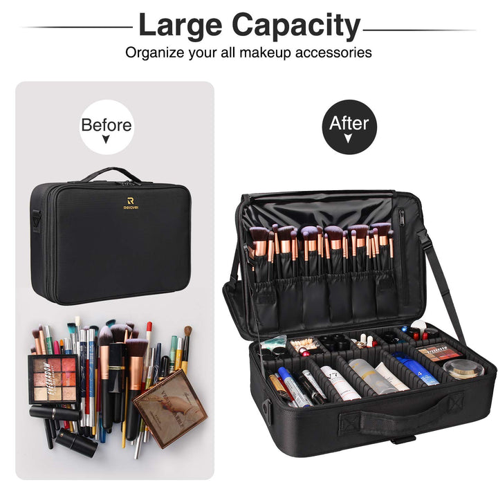 Makeup Case Large Makeup Bag Professional Train Case 16.5 inches Travel Cosmetic Organizer Brush Holder Waterproof Makeup Artist Storage Box, 3 Layer Large Capacity, with Adjustable Strap