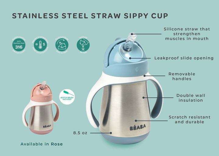 Beaba Stainless Steel Straw Sippy Cup, Sippy Cup with Removable Handles, Sippy Cup with Straw, 8+ months, 8.5 oz (Rain)
