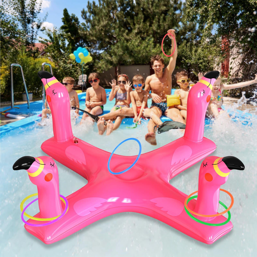 Pool Toys Inflatable Pool Ring Toss Games with 6 Rings, Flamingo Shark Pool Ring Toss Game Summer Pool Toys Party Games for Kids and Adults