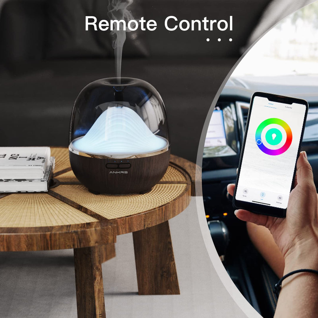 Smart WiFi Essential Oil 600ml Air Diffuser &amp; Humidifier Compatible with Alexa/Google Home, Mountain Scent Diffuser with Multicolor LED, Timer for Bedroom Large Room and Home-Black Walnut