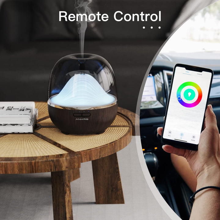 Smart WiFi Essential Oil 600ml Air Diffuser &amp; Humidifier Compatible with Alexa/Google Home, Mountain Scent Diffuser with Multicolor LED, Timer for Bedroom Large Room and Home-Black Walnut