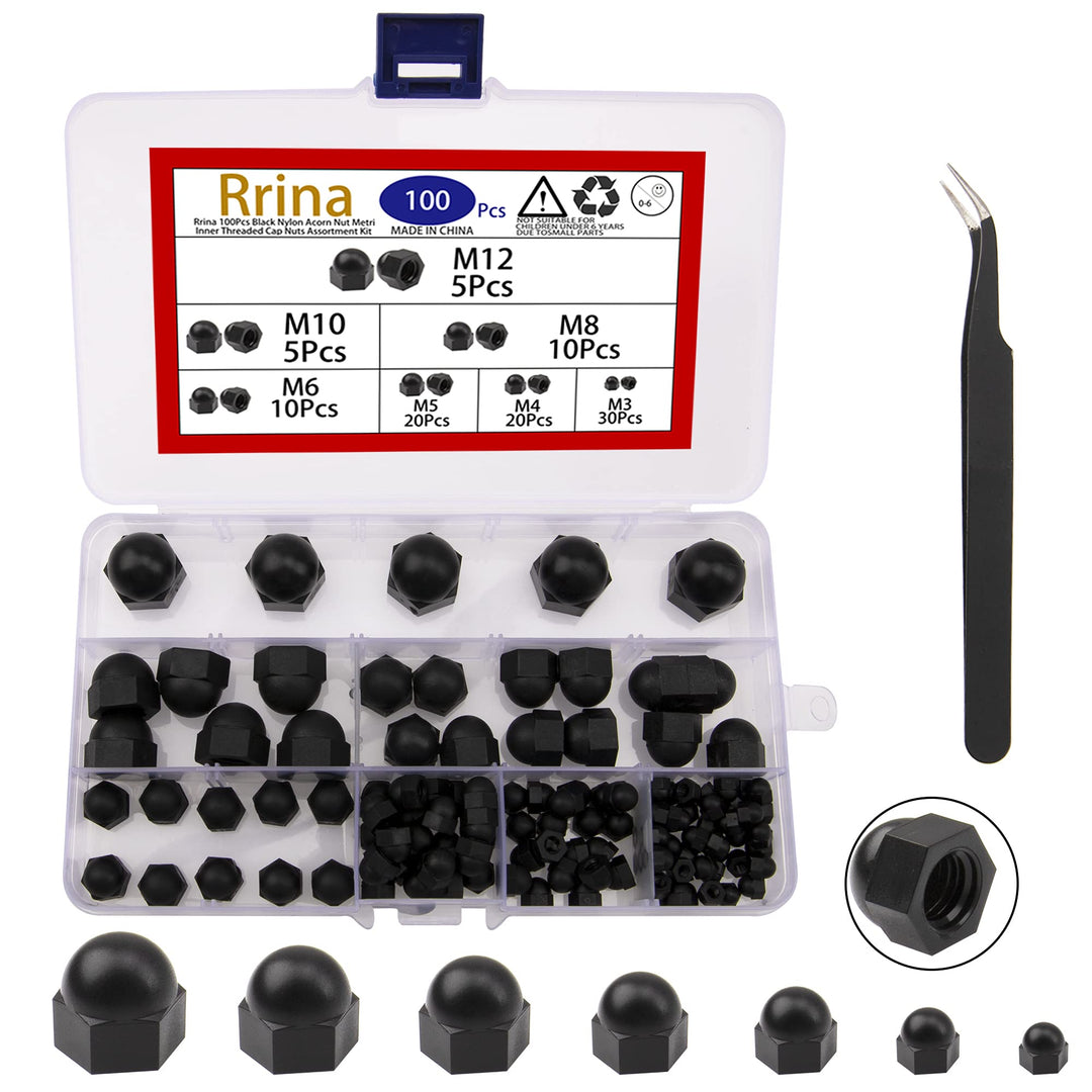 Rrina 100Pcs Black Nylon Dome Acorn Nut Inner Threaded 