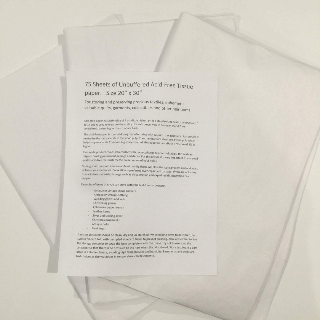 3 Pack Unbuffered Acid-Free Paper for Storing and Preserving Precious Quilts, Textiles, Linens. 25 Sheets, 20 by 30 Inches 75 Sheets Total, 3 Pack