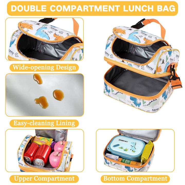 Lunch Box Bag Kids, Insulated Two Compartments Cooler Bags for Boys Girls w Shoulder Strap for School,Daycare,Kindergarten,Picnic Dinosaurs Yellow