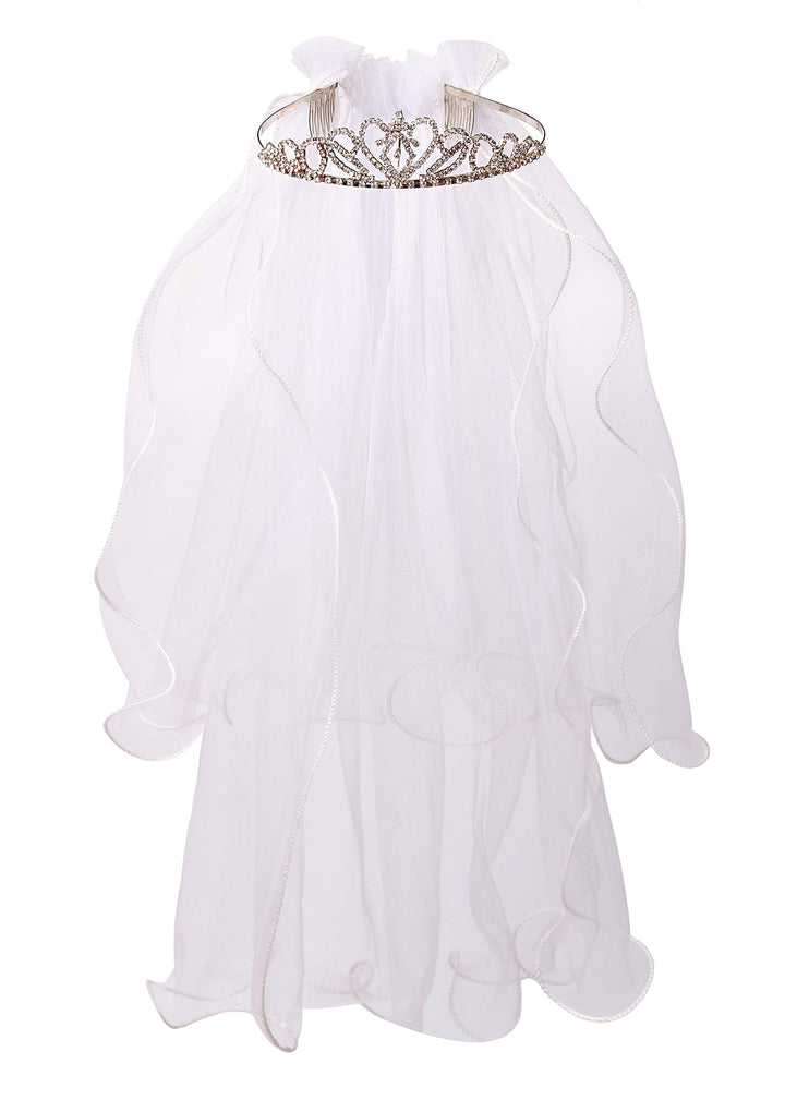 Flower Girls White First Communion Veil Headband with Bow (60cm/24 inch, Rhinestone Crown)