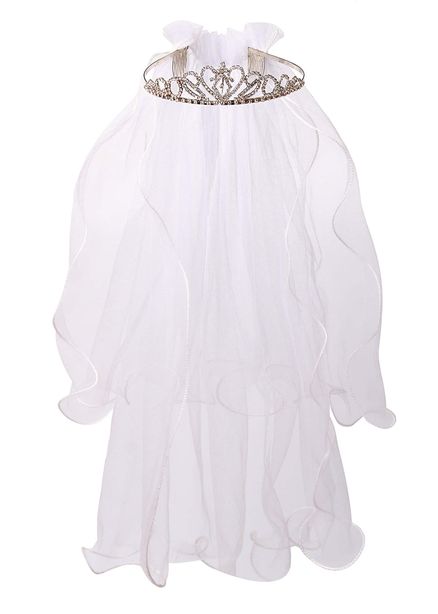 Flower Girls White First Communion Veil Headband with Bow (60cm/24 inch, Rhinestone Crown)