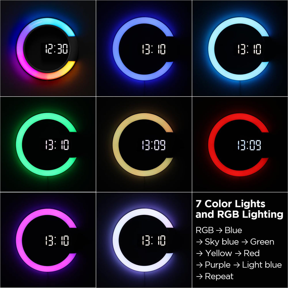 Moodlight Dual Mirror Clock, 7 Color nightlight, 2 LED Colors (White/Orange), Adjustable LED Brightness, 12/24H Mode, Temperature Display, Alarm & Snooze, LED Clock with Remote Control