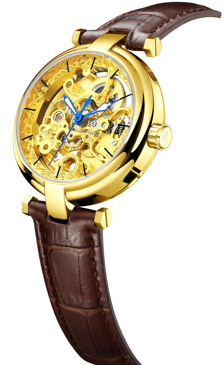 Skeleton Automatic Steampunk Watches Gold-Tone Luminous Hands Leather Strap Wrist-Watch (Gold)