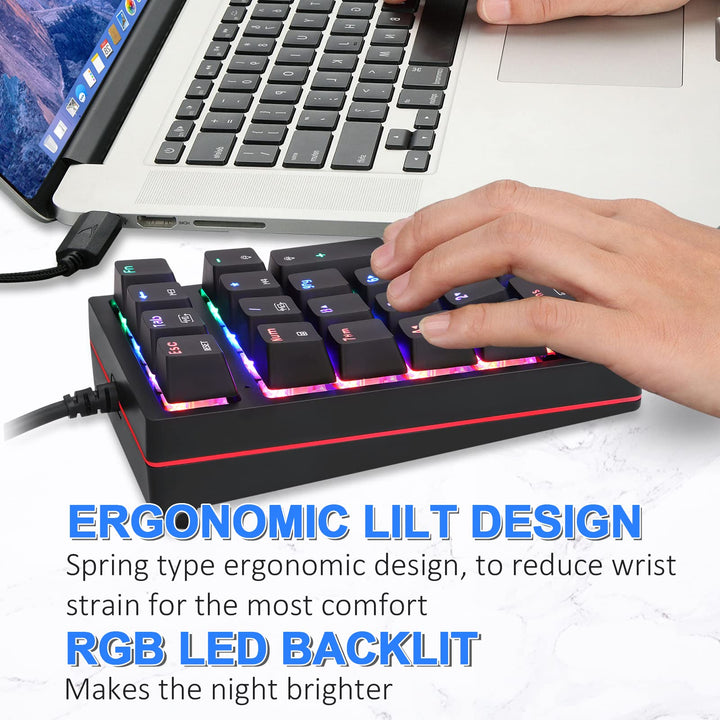 Macro Mechanical Numeric Keypad USB Wired 21 Keys Mini Numpad Portable Keypad RGB Backlight Gaming Keypad Extended Layout for Cashier(Fully Programmable Keys)