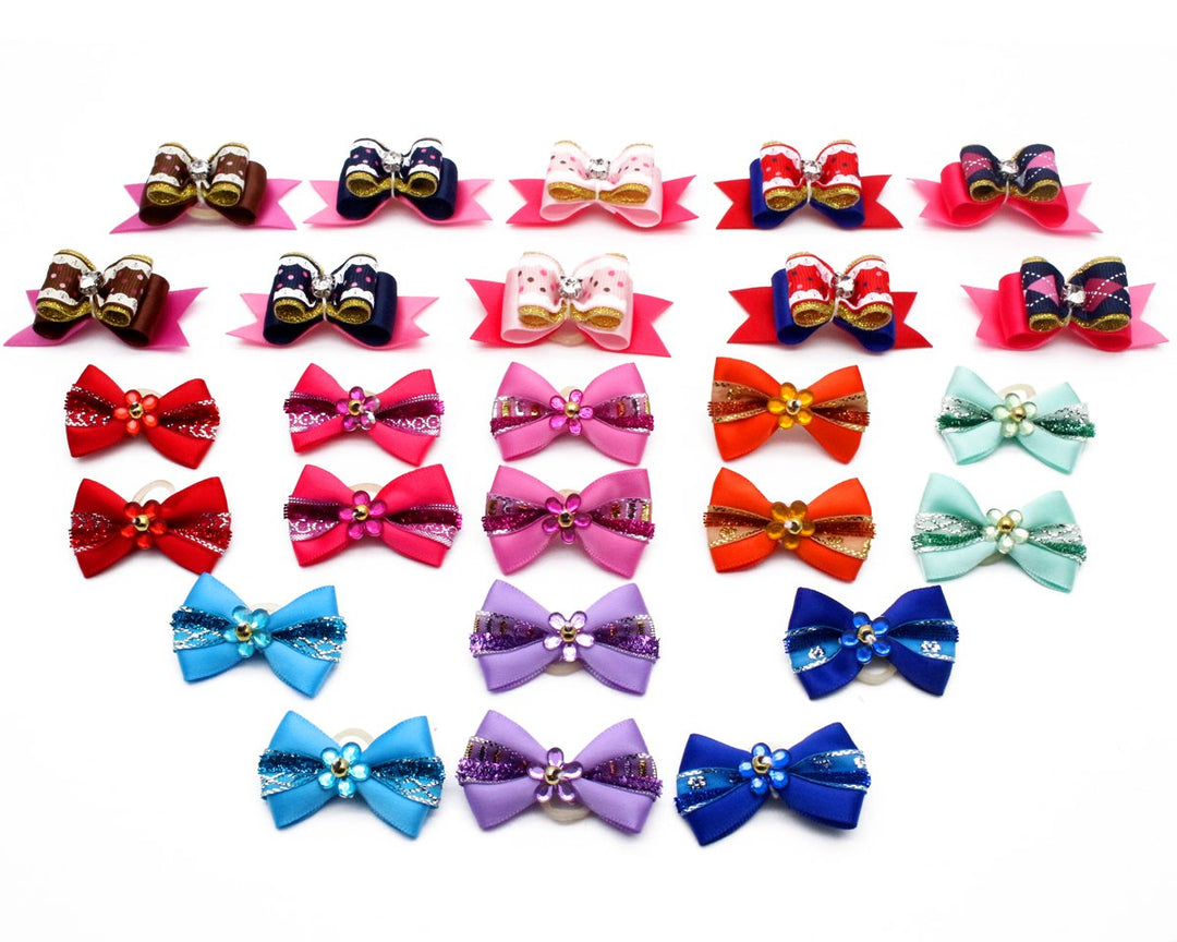 Yoy 24Pcs/12 Pairs Adorable Grosgrain Ribbon Pet Dog Hair Bows with Rubber Bands - Puppy Topknot Cat Kitty Doggy Grooming Accessories Bow Knots Headdress Flowers Set for Groomer