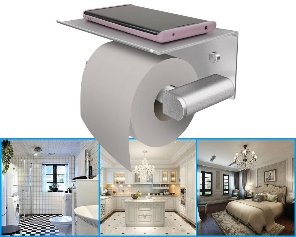 Bathroom Toilet Paper Holder, Matte Silver Wall Mount Toilet Roll Holder with Shelf, Aluminum Spring Loaded Roller Wall Toilet Paper Roll Holder for Bathroom & Kitchen