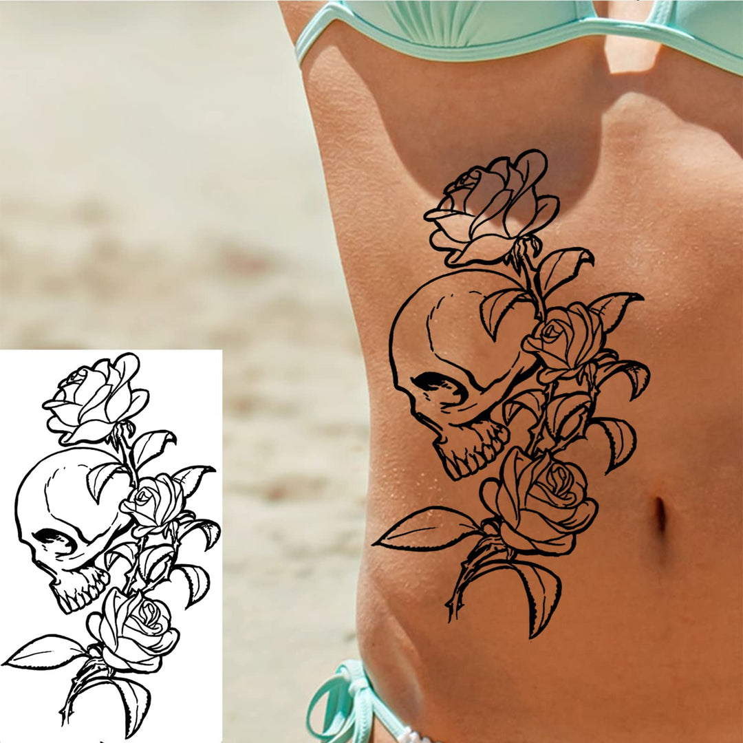 Briyhose 10 Sheets Skull Flower Temporary Tattoos For Women Adult Girl, Large Realistic Skeleton Floral Snake Rose Fake Tattoo Stickers Half Sleeve Arm, Long Lasting Sexy Temp Tatoos Leg Thigh Body