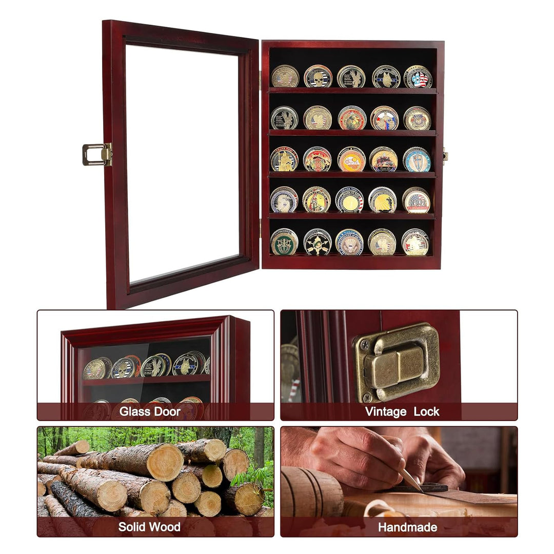 Military Challenge Coin Display Case Holder with HD Toughened Glass and Wall Mount, Wooden Coin Stand Rack with Removable 2 Grooves Shelves, Mahogany Finish…