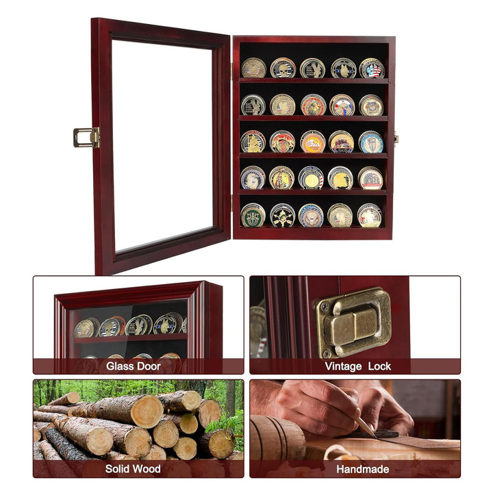 Military Challenge Coin Display Case Holder with HD Toughened Glass and Wall Mount, Wooden Coin Stand Rack with Removable 2 Grooves Shelves, Mahogany Finish…