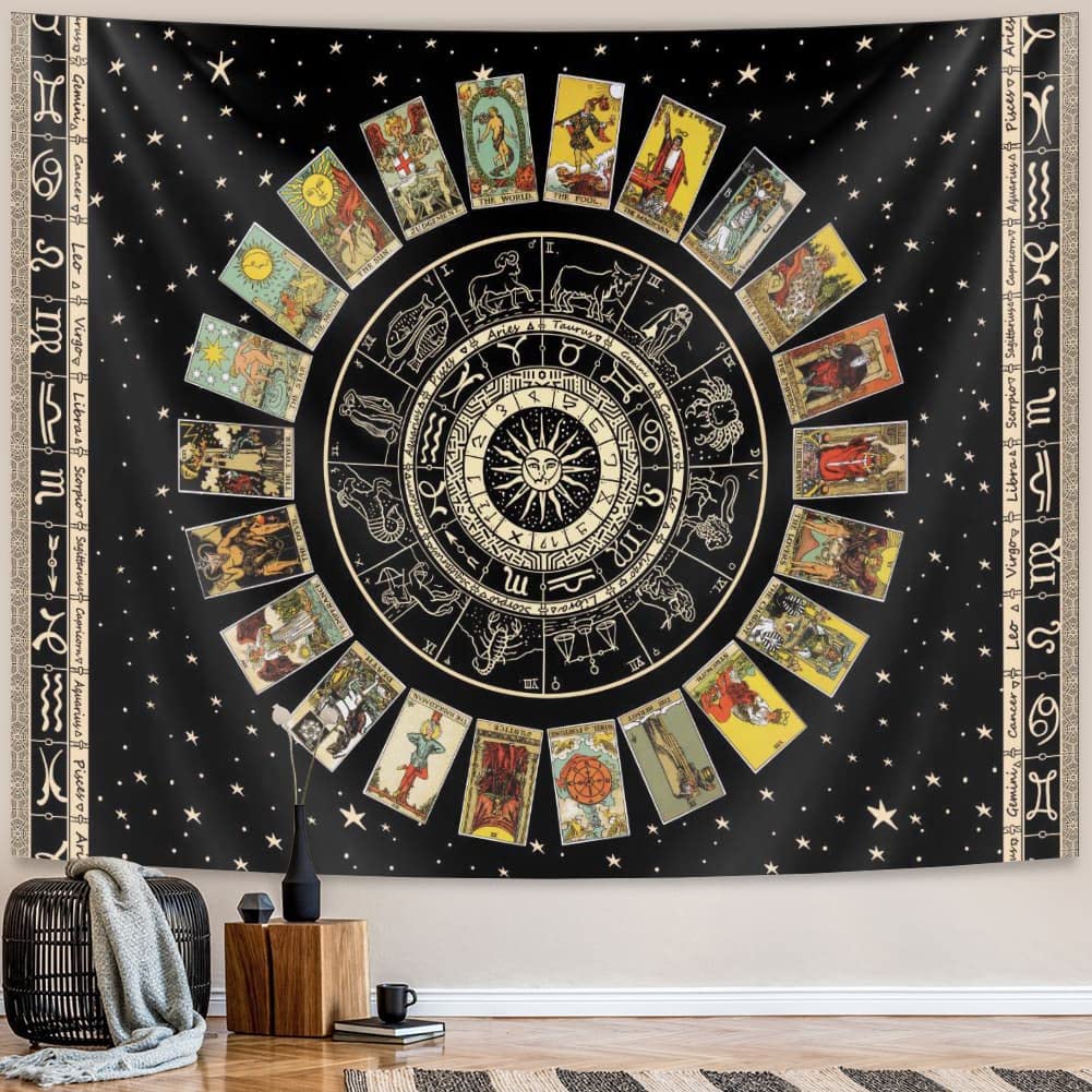 Spiritual Tapestry Star Tarot Card Tapestry Zodiac Astrology Tapestry Witch Constellation Tapestry Aesthetic Tapestry Wall Hanging for Teen Girl&#39;s Bedroom (Black 70x90 inches)
