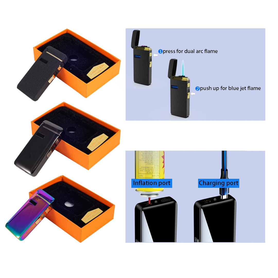 USB Lighters Windproof Rechargeable Dual Arc Lighter Inflatable Lighter Refillable Lighter Matte Black Color for Outdoor Camping Hunting Backpacking Hiking Kitchen