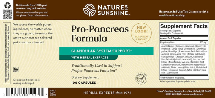 Nature&#39;s Sunshine Pro-Pancreas, 100 Capsules, Kosher | Herbal Formula Enhances Digestion, Promotes Immunity, and Helps the Liver and Pancreas