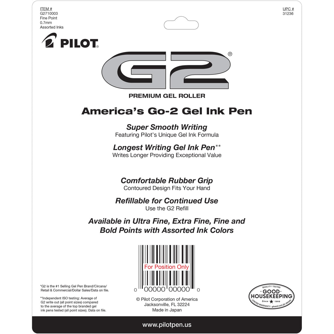 Pilot, G2 Premium Gel Roller Pens, Fine Point 0.7 mm, Assorted Colors, Pack of 10