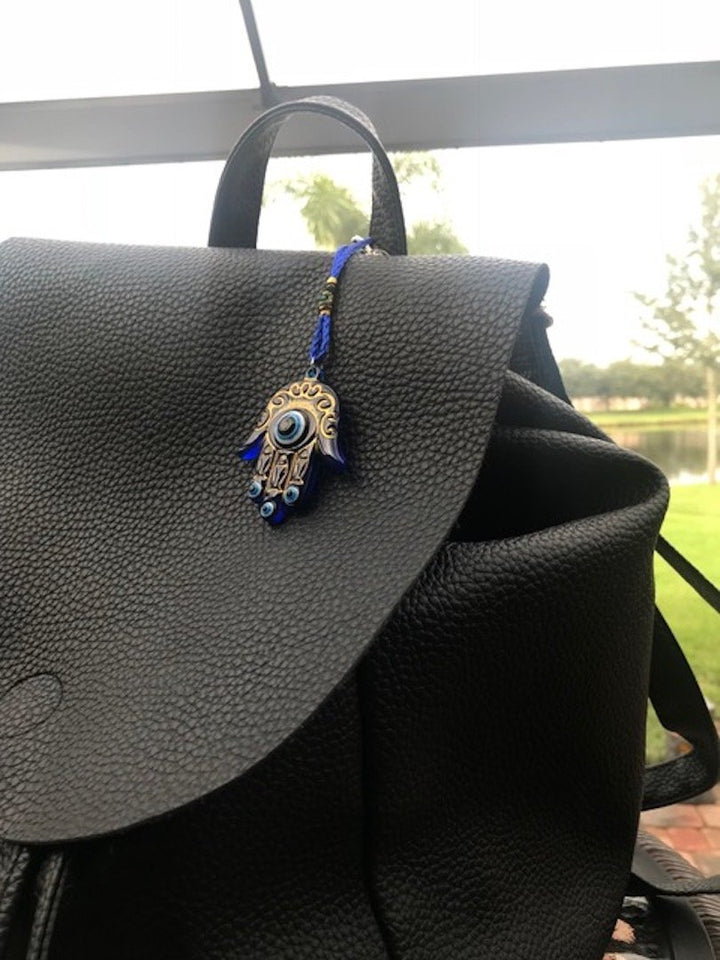 Hamsa Hand Amulet for Protection - Blue, White &amp; Black Evil Eye Hanging Ornament - Rear View Mirror Accessories - Things to Hang in Wall, Car, Home or Office Door (Blue Rope)