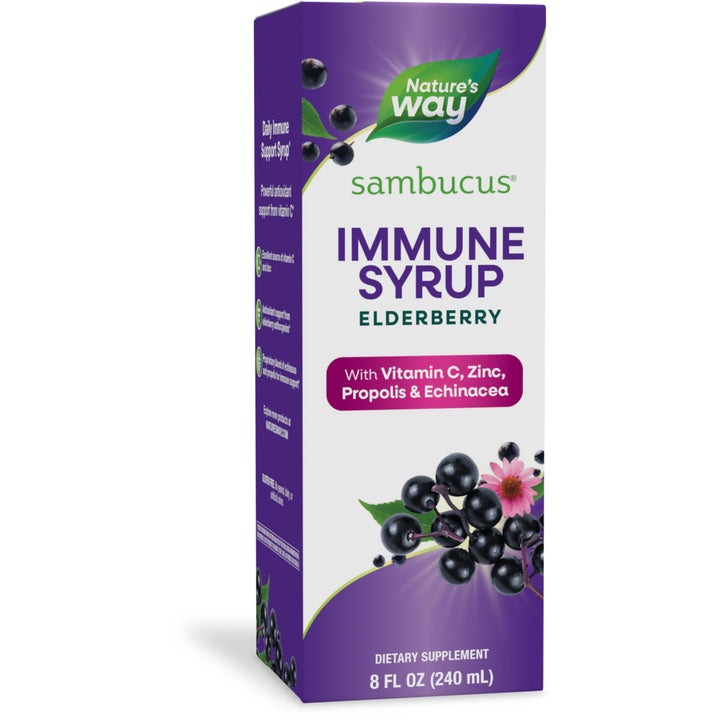 Nature&#39;s Way Sambucus Immune Syrup, Elderberry Extract, Vitamin C, Zinc, Echinacea, Propolis, Daily Immune Support*, Antioxidant Support*, Gluten free, Vegetarian, 8 Fl Oz (Packaging May Vary)