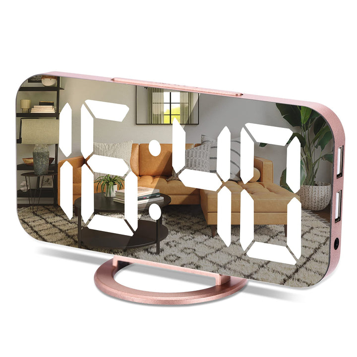 Slim Digital Alarm Clock, Daul USB Charger Ports, Dimming Mode, Large Display Mirror Surface for Makeup, LED Desk Clock for Bedroom, Living Room, Office, Home, Kids - Rose Gold/White