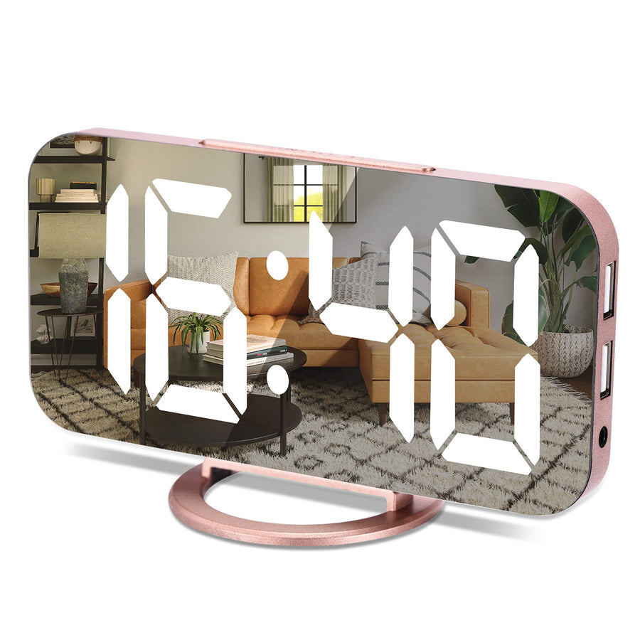 Slim Digital Alarm Clock, Daul USB Charger Ports, Dimming Mode, Large Display Mirror Surface for Makeup, LED Desk Clock for Bedroom, Living Room, Office, Home, Kids - Rose Gold/White