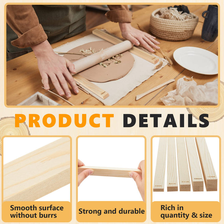 10 Pcs Pottery Teaching Rolling Mud Stick Guide 5 Size Wooden Rolling Pin Guides Sticks Set Polymer Clay Depth Guide Pottery Tools Clay Tool Mudboard Tools for Pottery Polymer Clay Thickness